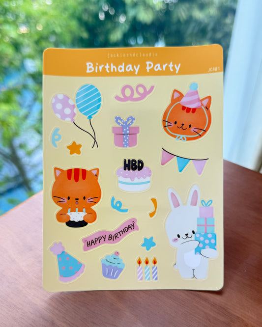Sticker sheet with birthday-themed designs on a yellow background