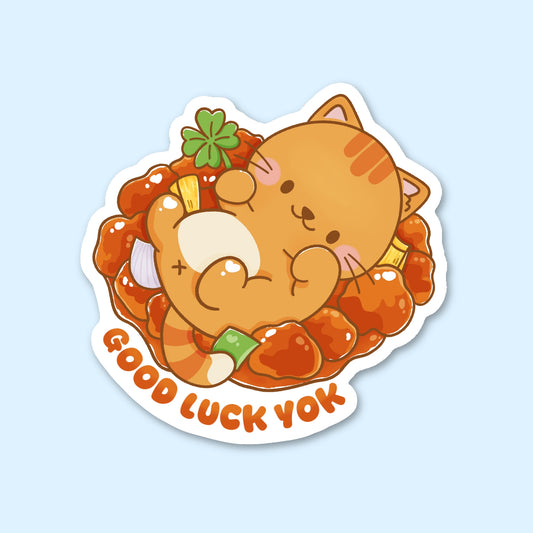 Sticker with a cute cat design and 'Good Luck Yok' text