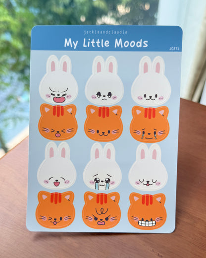 Pack of 'My Little Moods' stickers with cartoon cat and rabbit designs on a blue background.