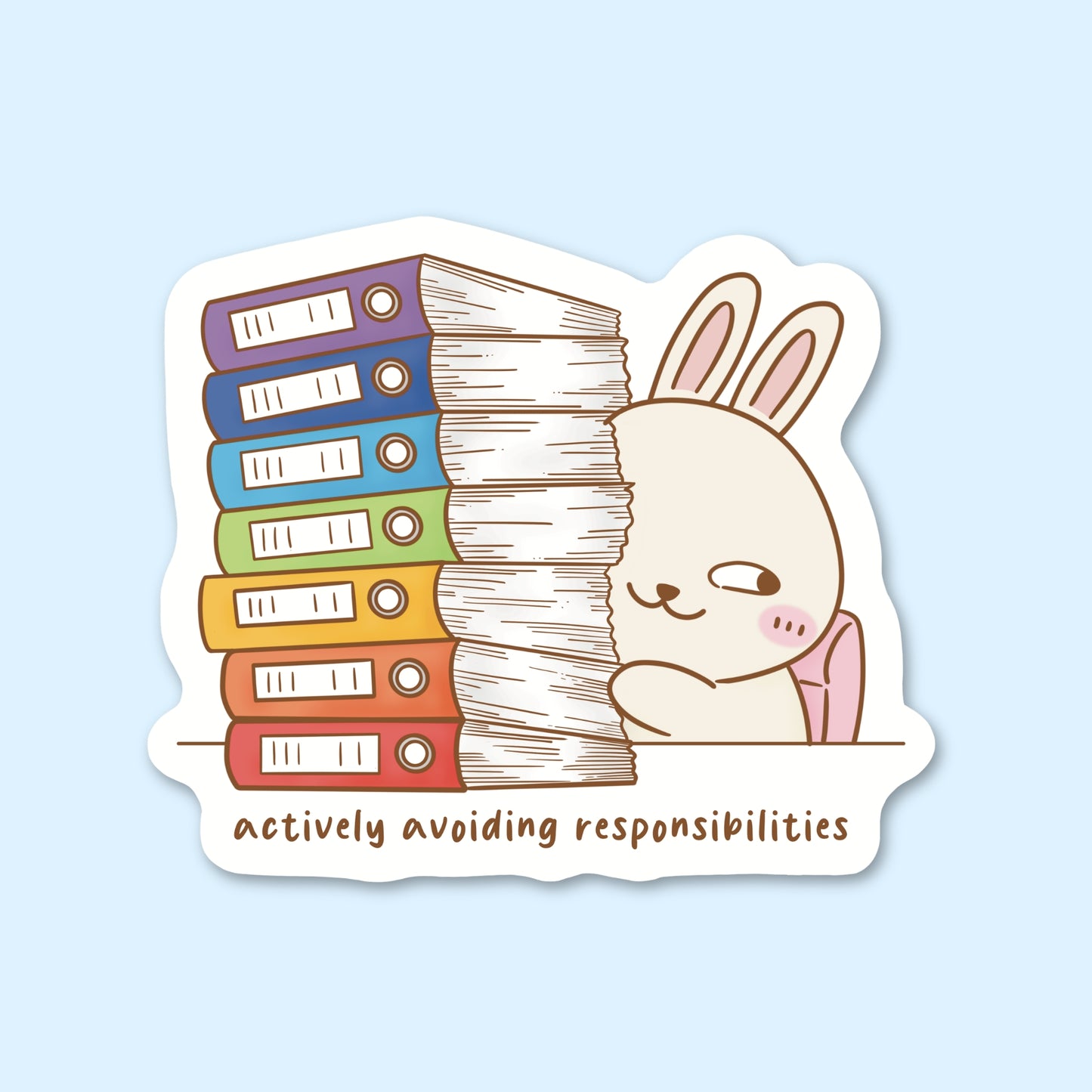 Sticker of a rabbit holding books with text 'actively avoiding responsibilities' 